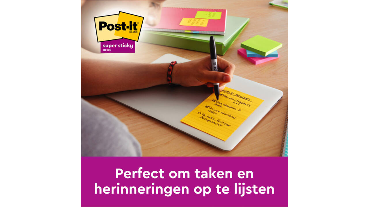 Memoblok 3M Post-it 5845 Super Sticky 127x203mm lijn assorti kleur