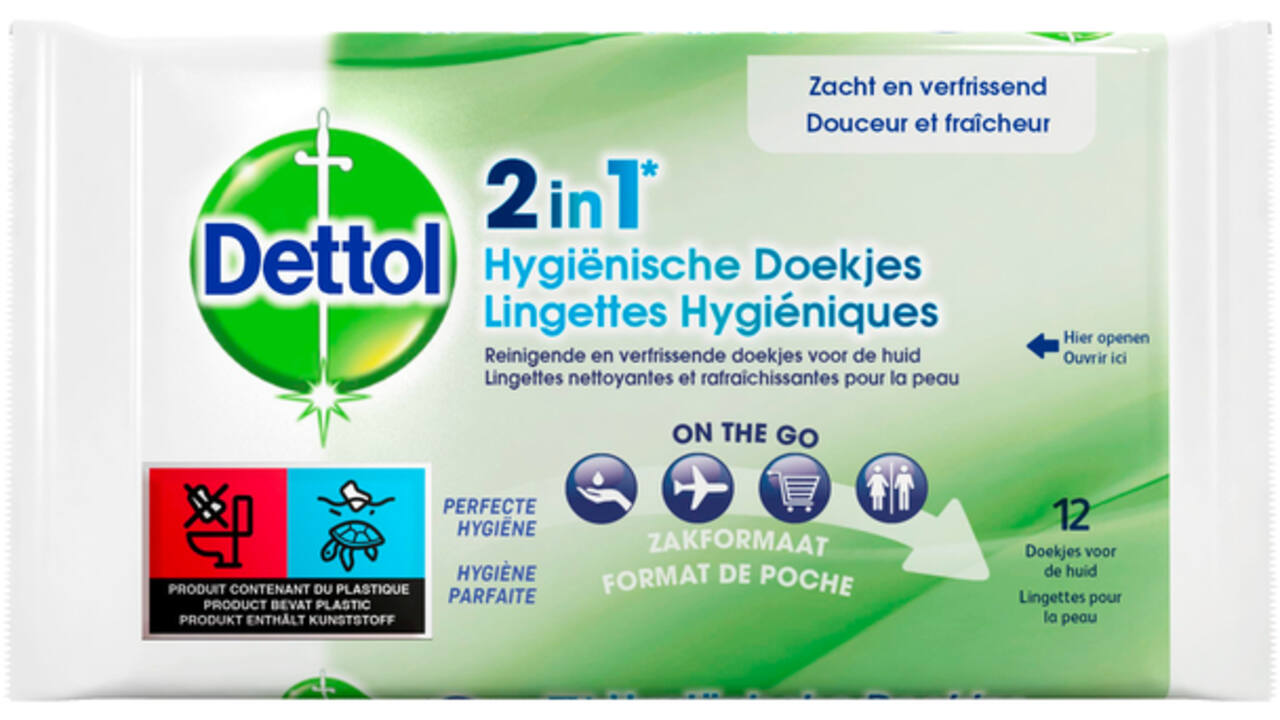Hygiënische verfrissingsdoekjes Dettol Wipes 2-in-1 12st