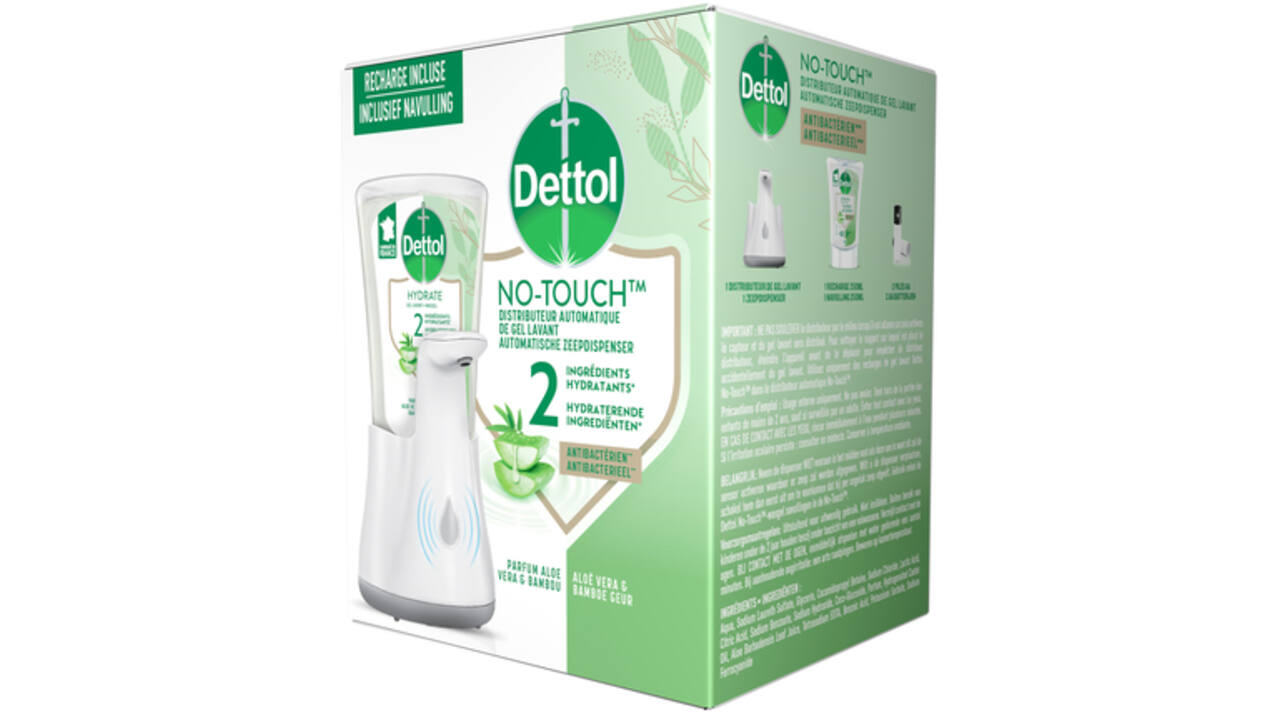 Handzeepdispenser Dettol Hydrating No Touch Kit met zeep 250ml