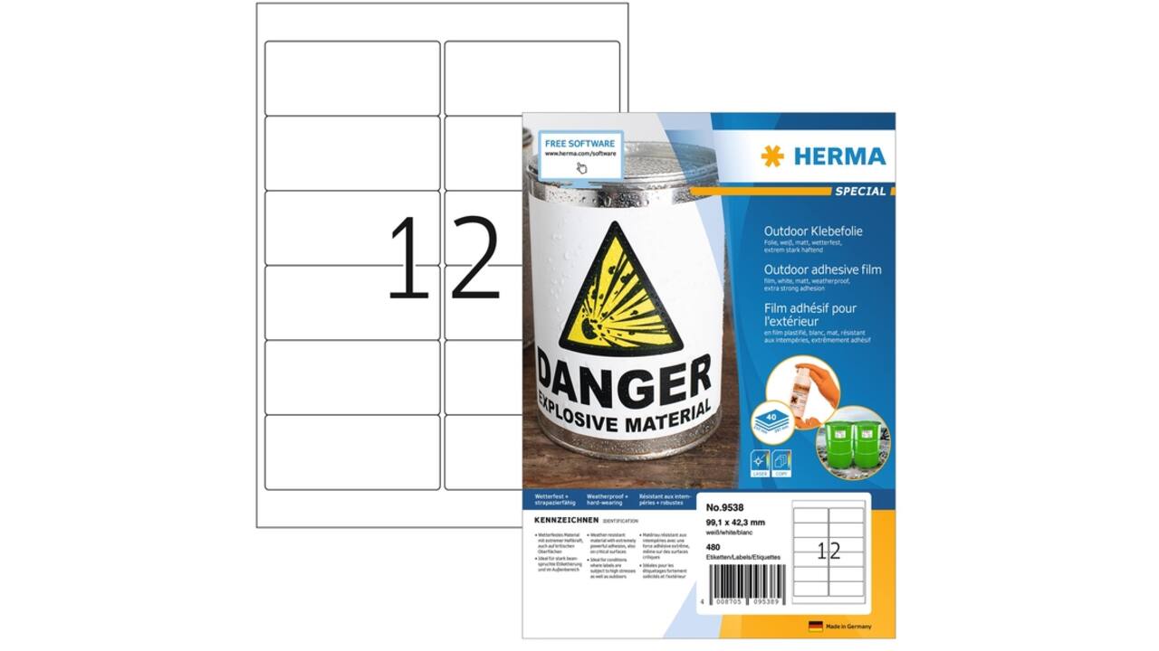 Etiket HERMA 9538 99.1x42.3mm weerbestendig wit 480 etiketten
