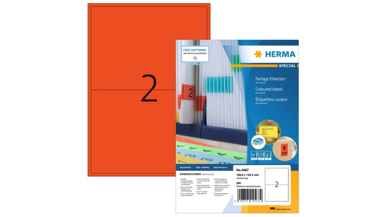 Etiket HERMA 4567 199.5x143.5mm rood 200 etiketten