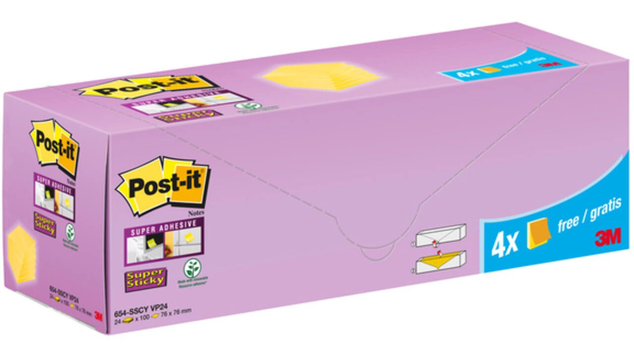 Memoblok 3M Post-it 654-SSCY Super Sticky 76x76mm geel voordeelpak