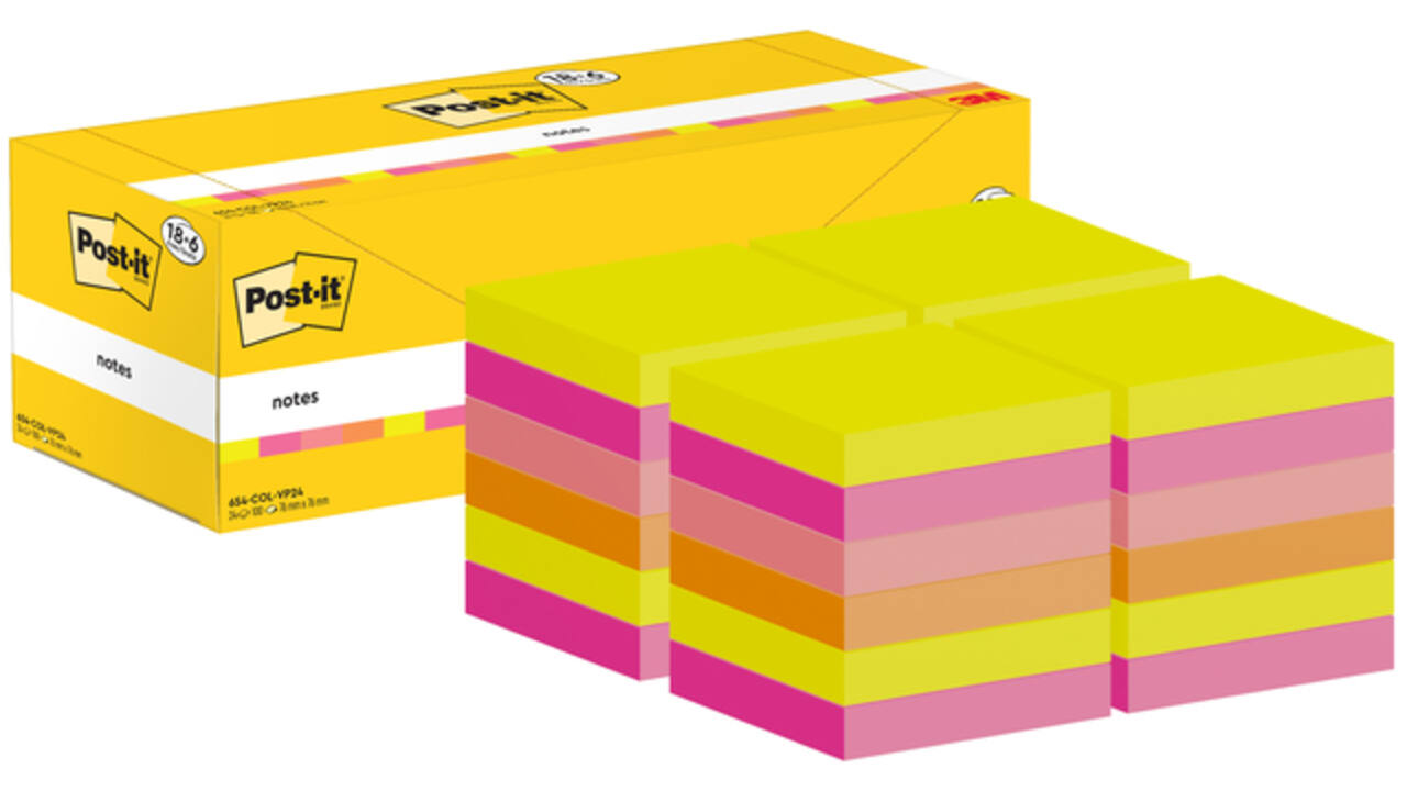 Memoblok 3M Post-it 654-COL 76x76mm kleur ass voordeelpak