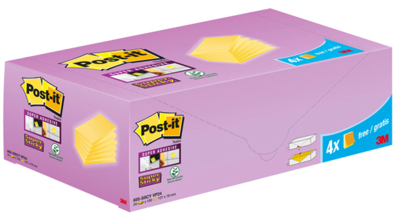 Memoblok 3M Post-it 655-SSCY Super Sticky 76x127mm geel voordeelpak