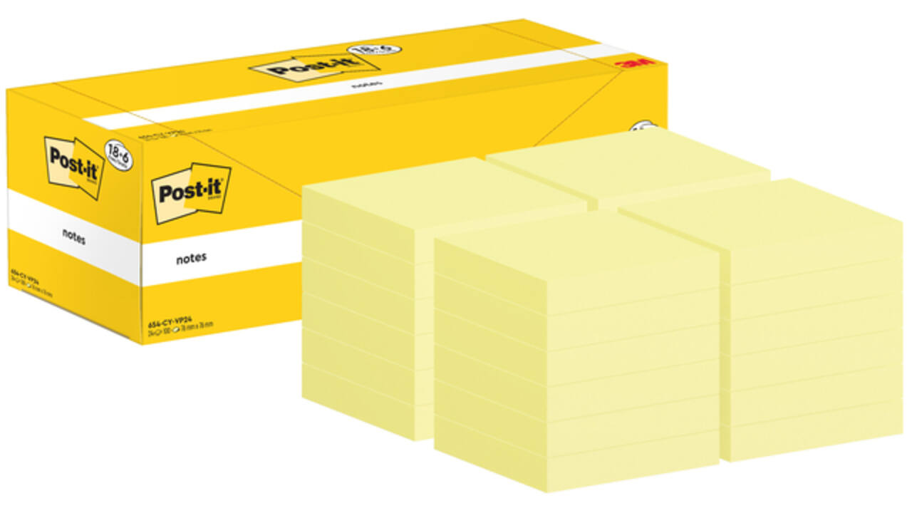 Memoblok 3M Post-it 654-CY 76x76mm geel voordeelpak