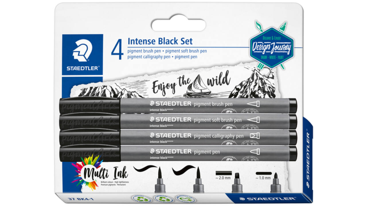 Brushpen Staedtler PigmentArts Intens zwart set à 4 schrijfbreedtes