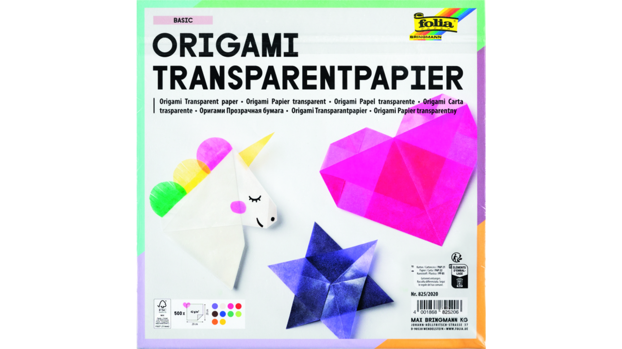 Origami papier Folia 20x20cm transparant 42gr 500 vel in 10 kleuren