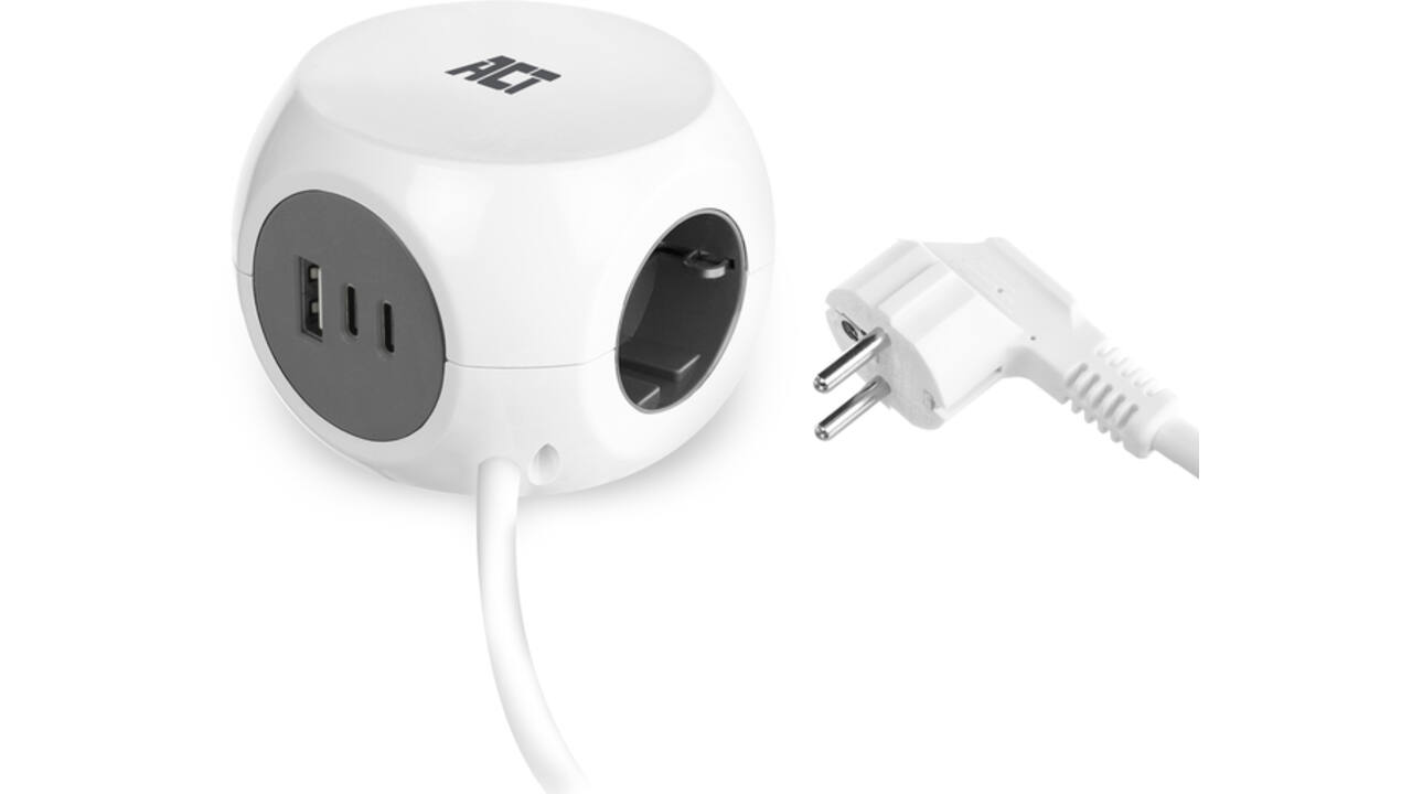 Stekkerblok ACT 3 voudig inclusief 2x USB C/A 1.5 meter wit/grijs
