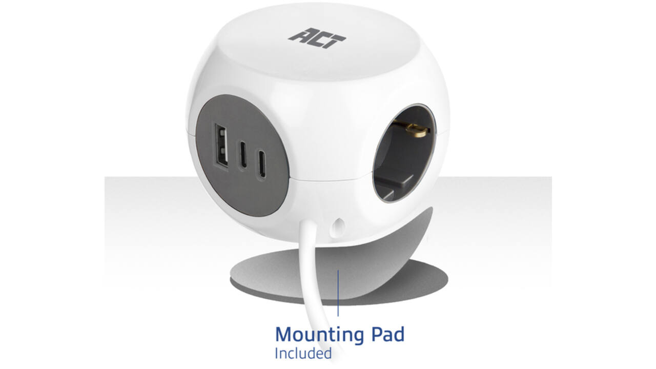 Stekkerblok ACT 3 voudig inclusief 2x USB C/A 1.5 meter wit/grijs