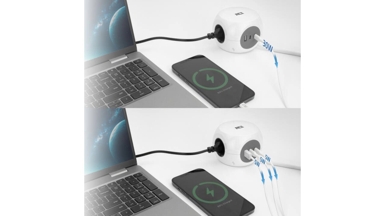 Stekkerblok ACT 3 voudig inclusief 2x USB C/A 1.5 meter wit/grijs
