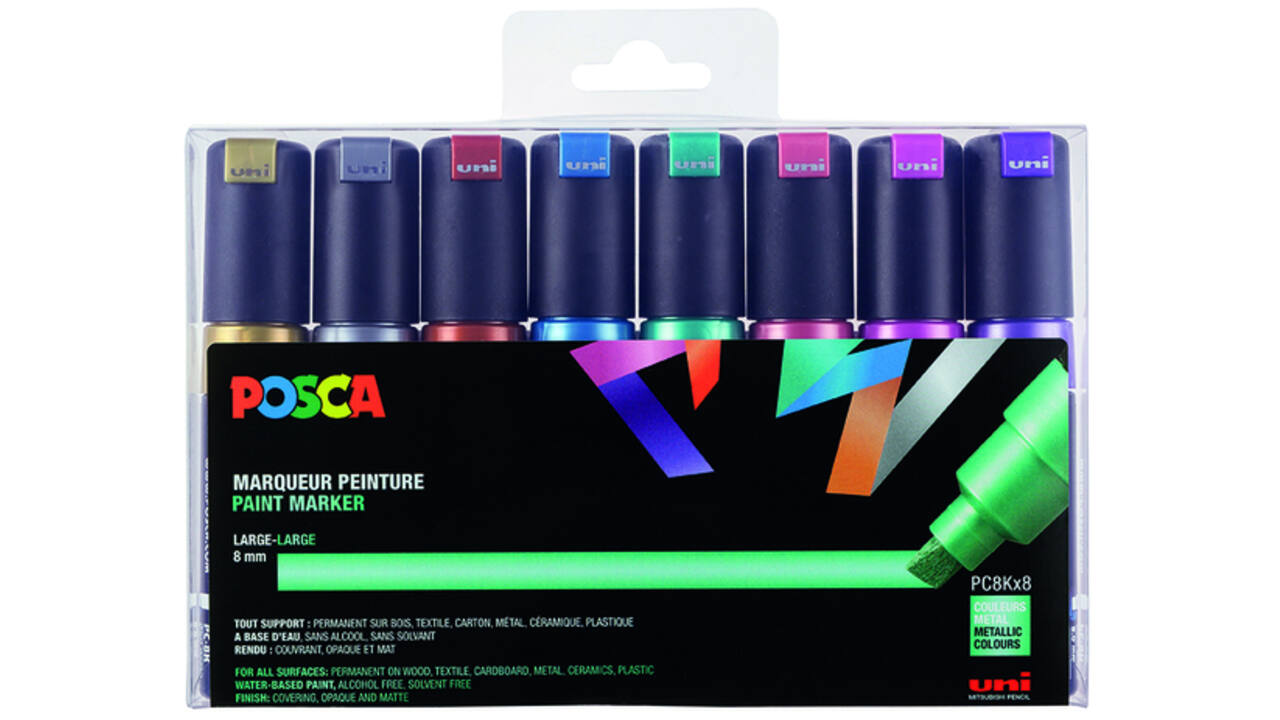 Verfstift Posca PC8K breed schuin metallic assorti set à 8 stuks