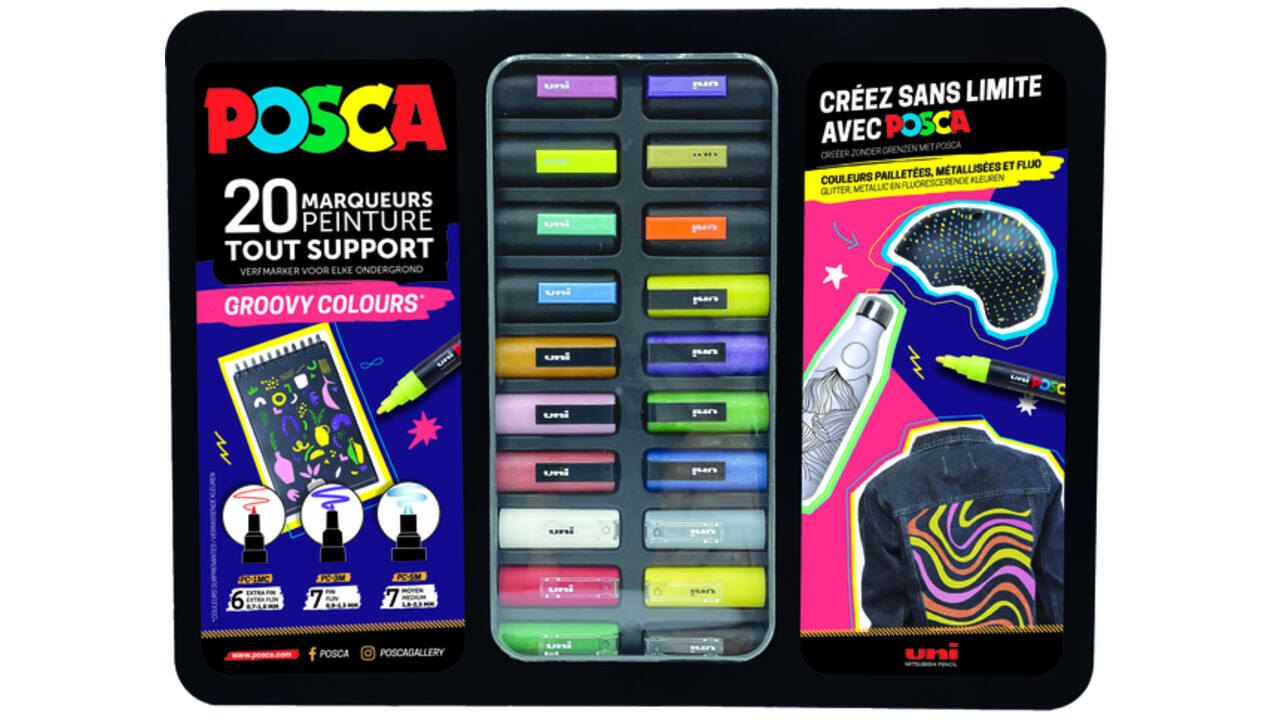 Verfstift Posca Groovy Colours assorti metalen koffer à 20 stuks