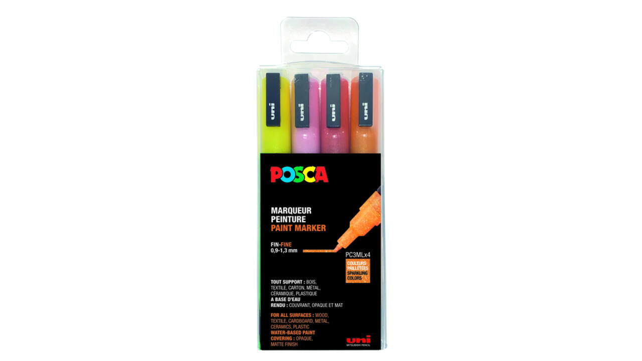 Verfstift Posca PC3M fijn glitter warm assorti set à 4 stuks