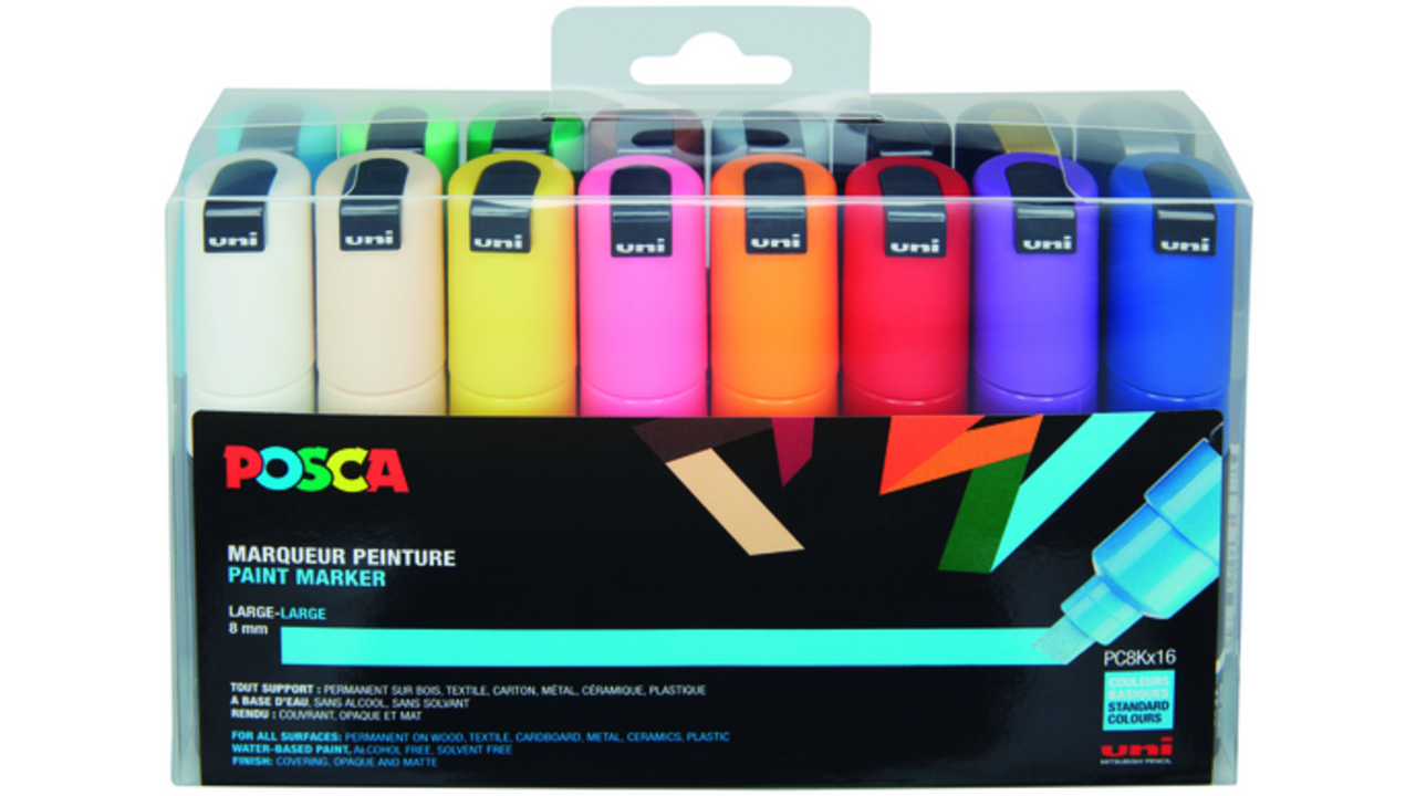 Verfstift Posca PC8K breed schuin assorti set à 16 stuks