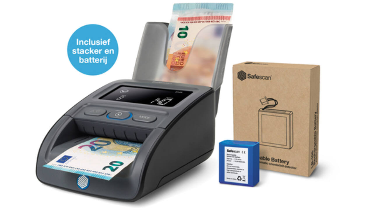 Valsgeld detector Safescan 155-S G2 complete set met oplaadbare batterij en biljetten stacker