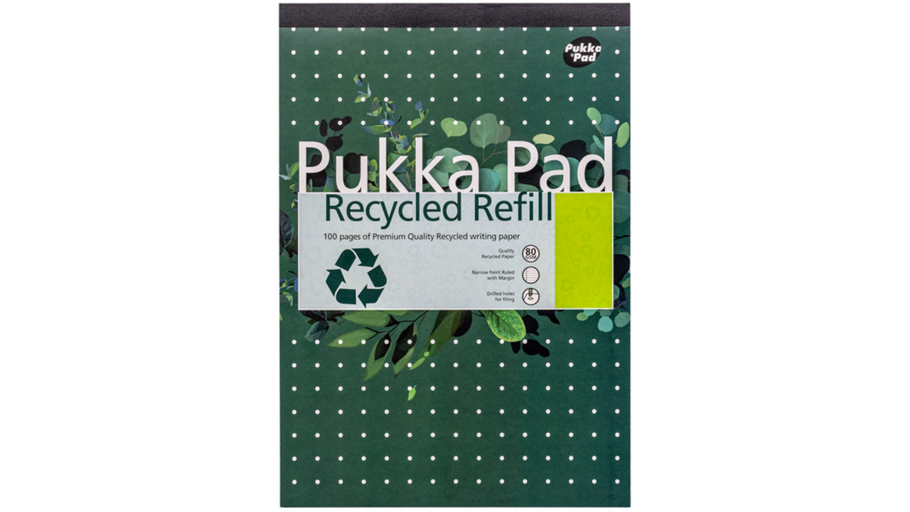 Schrijfblok Pukka Recycled A4 lijn 4-gaats 100 vel 80gr