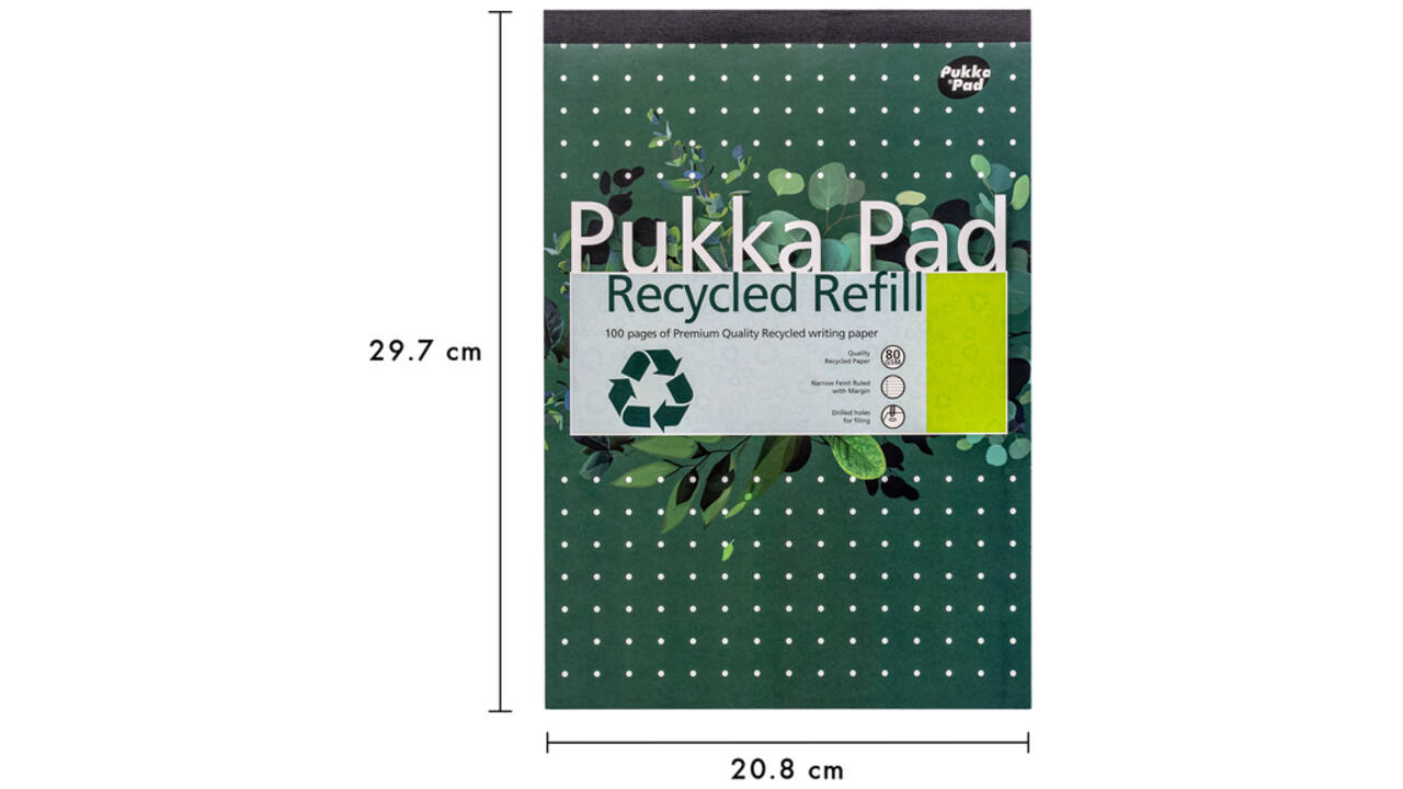 Schrijfblok Pukka Recycled A4 lijn 4-gaats 100 vel 80gr