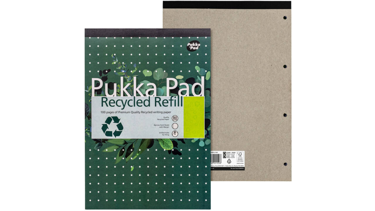 Schrijfblok Pukka Recycled A4 lijn 4-gaats 100 vel 80gr