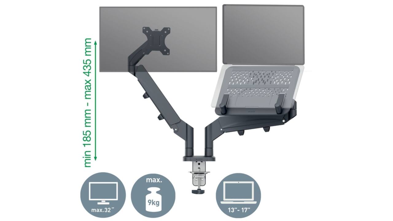 Monitor en Laptoparm Leitz Ergo ruimtebesparend dubbele monitorarm