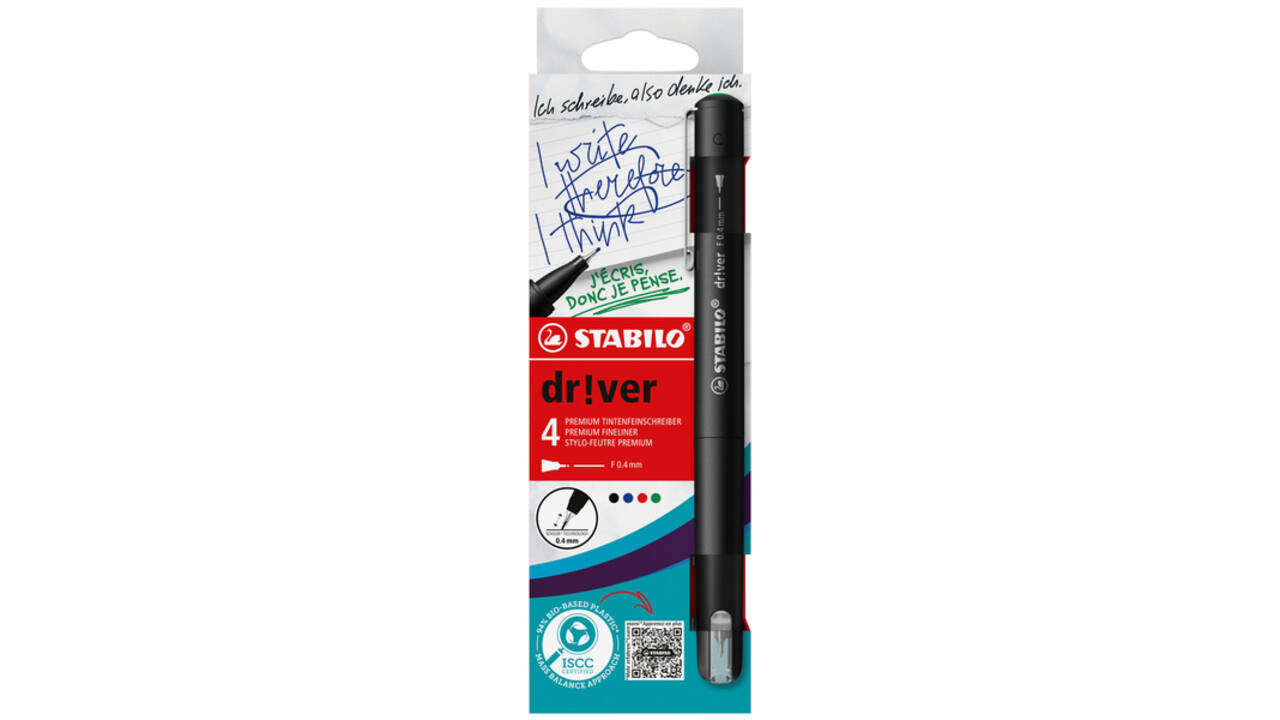 Fineliner STABILO dr!ver fijn assorti 4 stuks