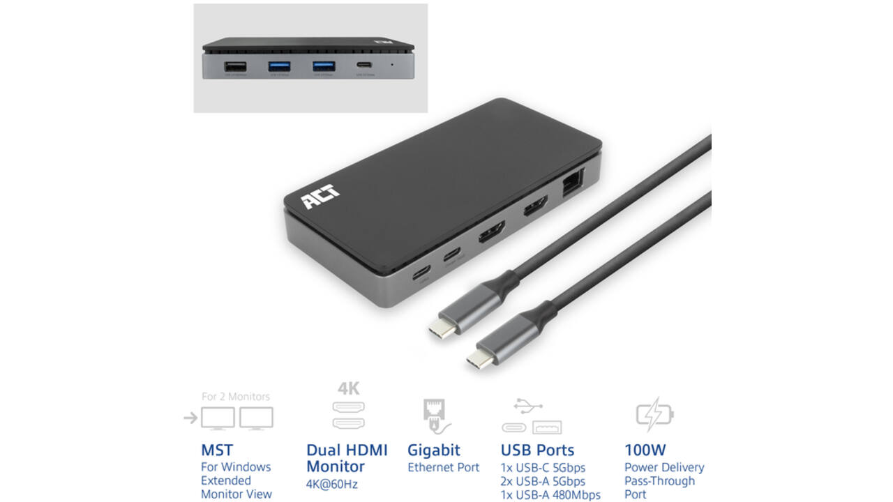 Dockingstation ACT USB-C 4K MST voor 2 HDMI monitoren