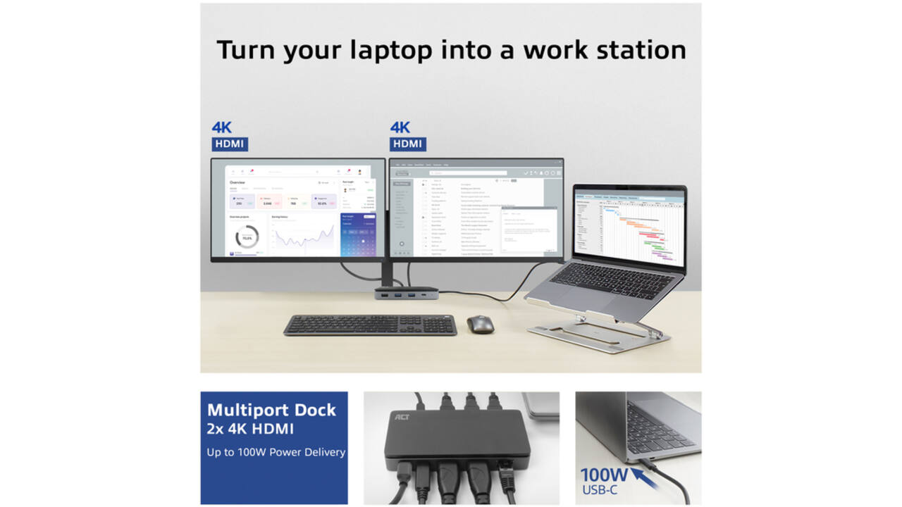 Dockingstation ACT USB-C 4K MST voor 2 HDMI monitoren