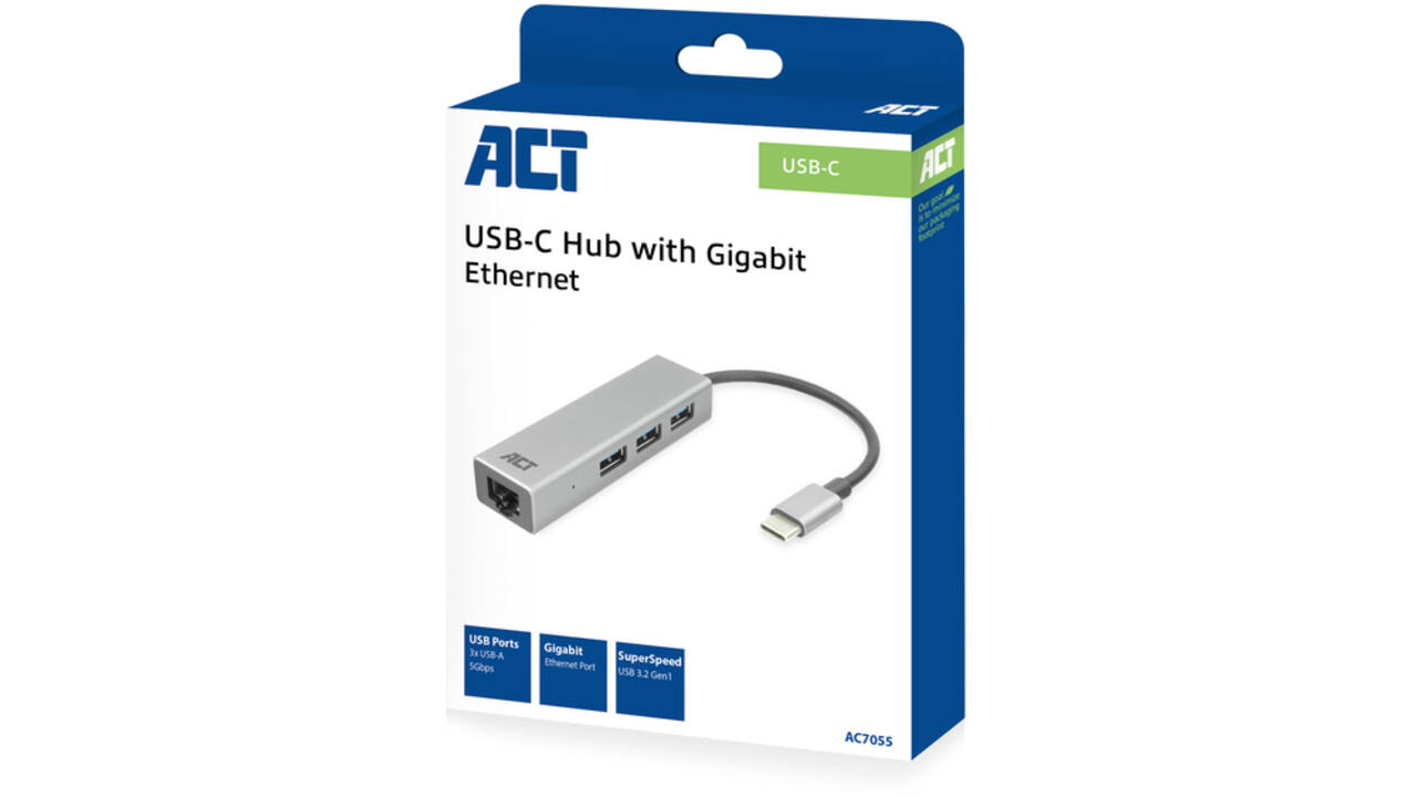 Hub ACT USB-C 3.0 3x USB-A Gigabit ethernet