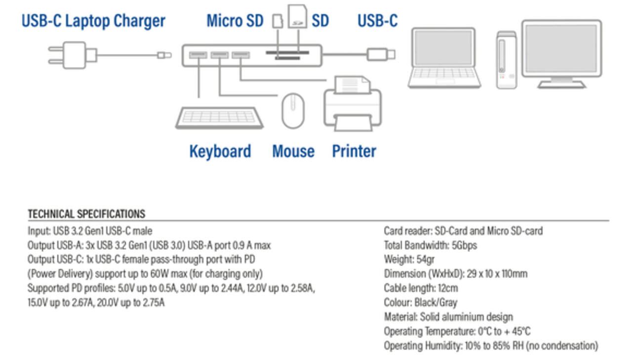 Hub ACT USB-C 3.0, 3x USB-A cardreader PD p-through