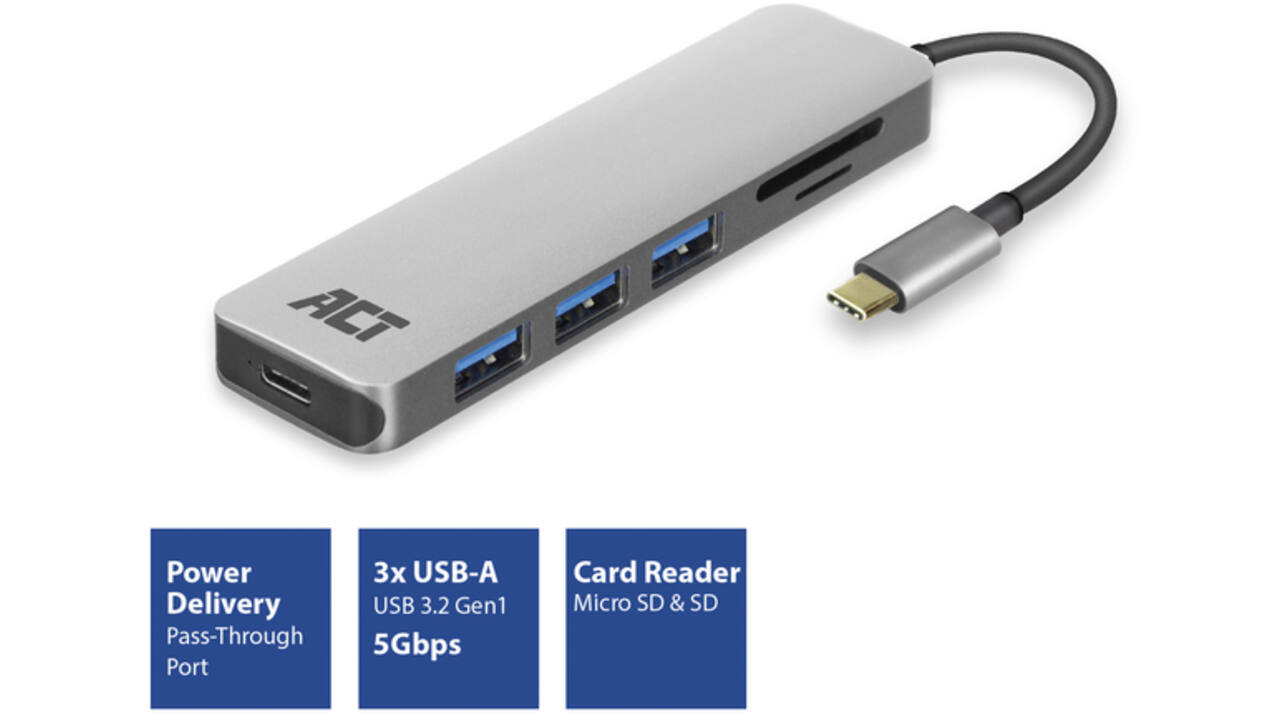Hub ACT USB-C 3.0, 3x USB-A cardreader PD p-through