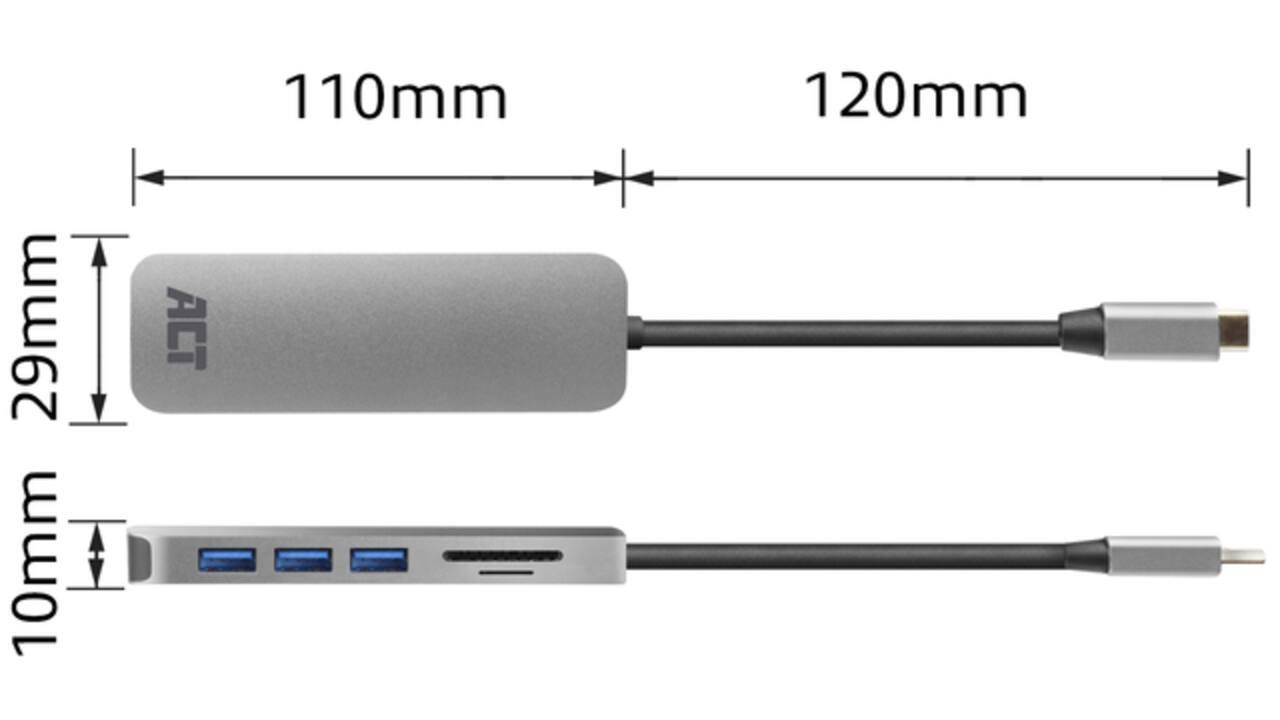 Hub ACT USB-C 3.0, 3x USB-A cardreader PD p-through
