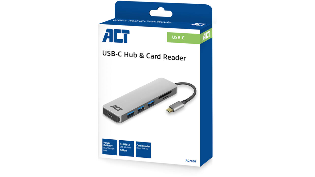 Hub ACT USB-C 3.0, 3x USB-A cardreader PD p-through