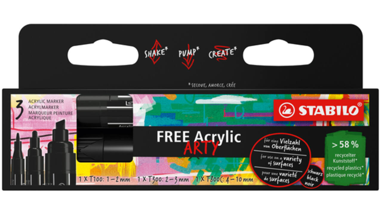 Acrylmarker STABILO Free Acrylic Mixed Tip set à 3 breedtes zwart