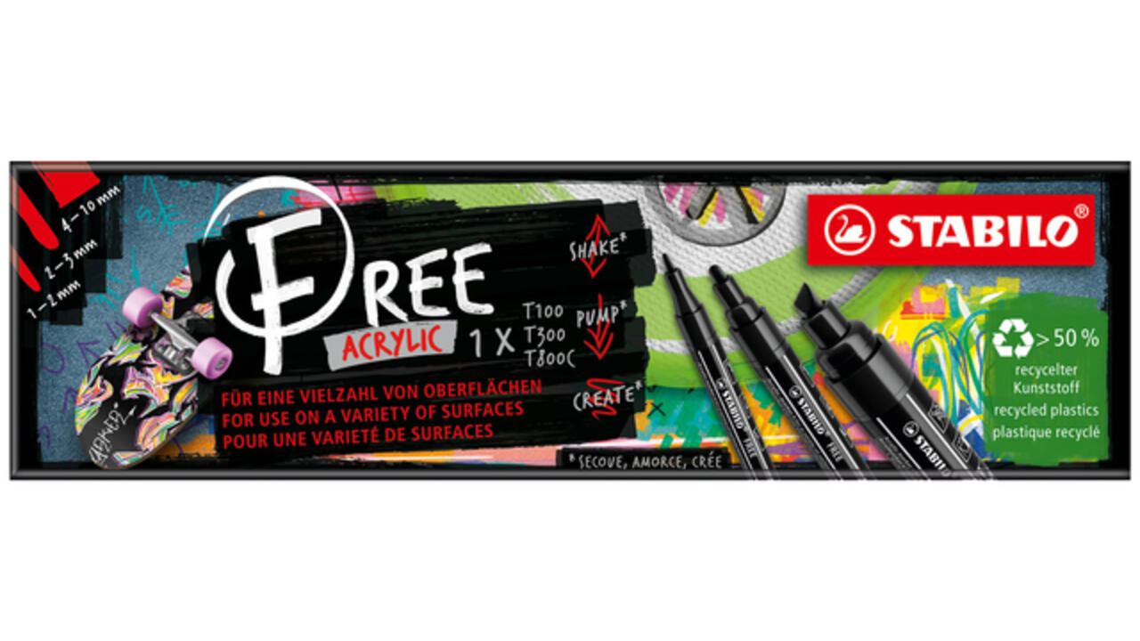 Acrylmarker STABILO Free Acrylic Mixed Tip set à 3 breedtes zwart