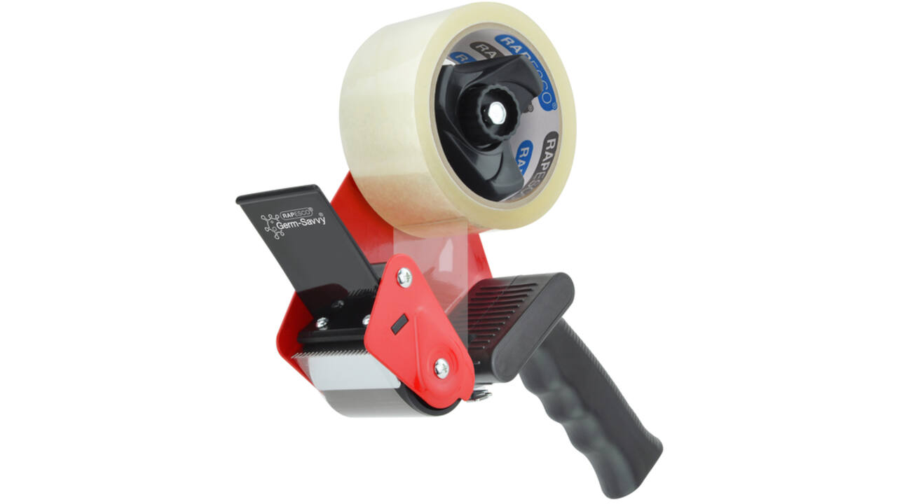 Verpakkingstape dispenser Rapesco Germ-Savvy 960 antibacterieel met transparante tape zwart