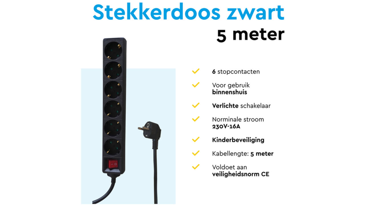 Stekkerdoos BRASQ 6 voudig 5 meter zwart