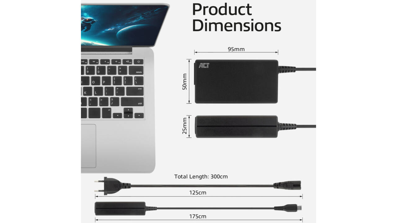 Laptop Oplader ACT USB-C Power Delivery 65W 3mtr