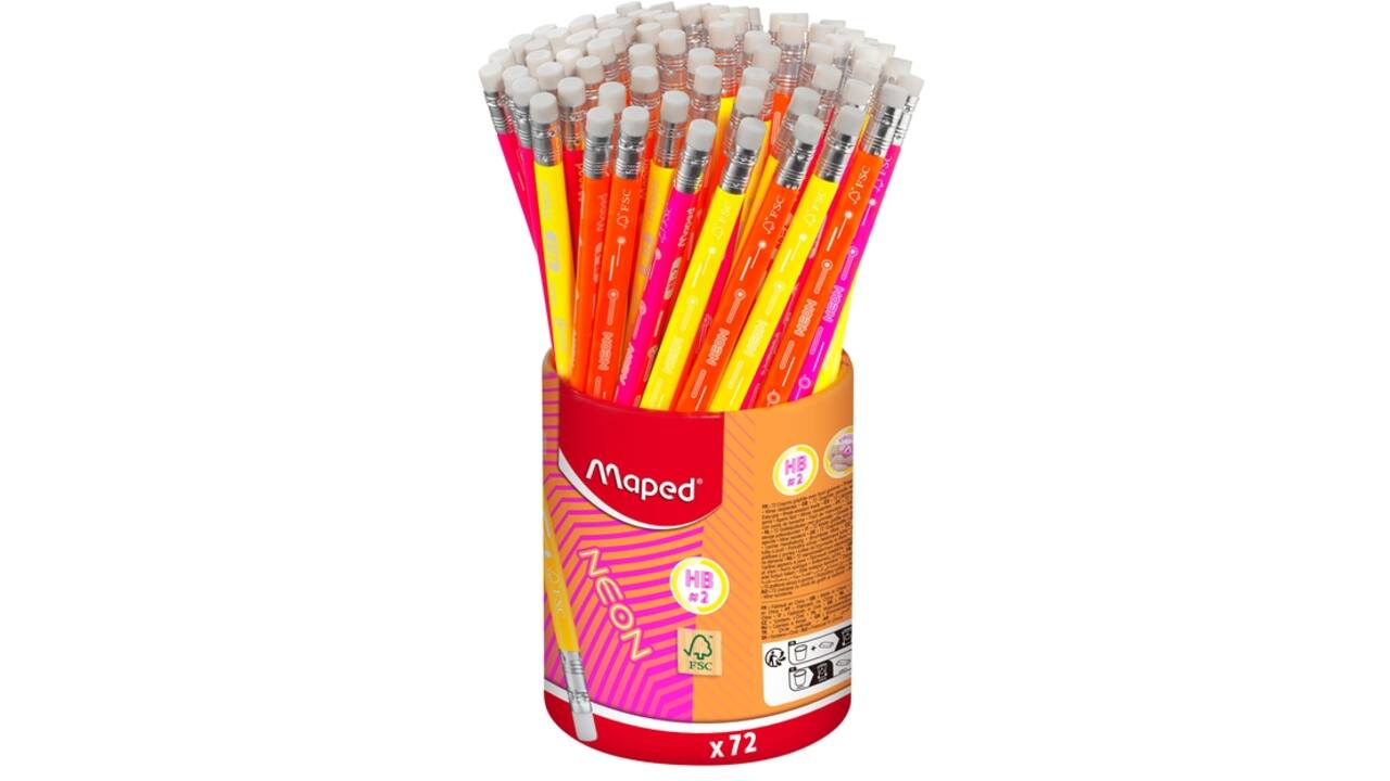 Grafietpotlood Maped Neon met gum pot à 72 stuks assorti