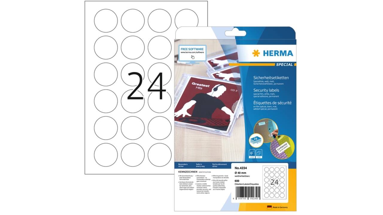 Veiligheidsetiket HERMA 4234 rond 40mm wit 600 etiketten