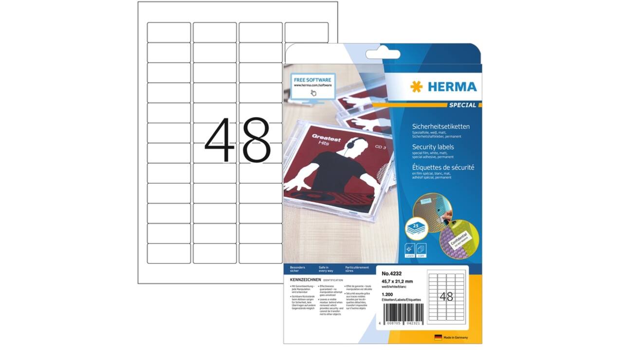Veiligheidsetiket HERMA 4232 45.7x32.2mm wit 1200 etiketten