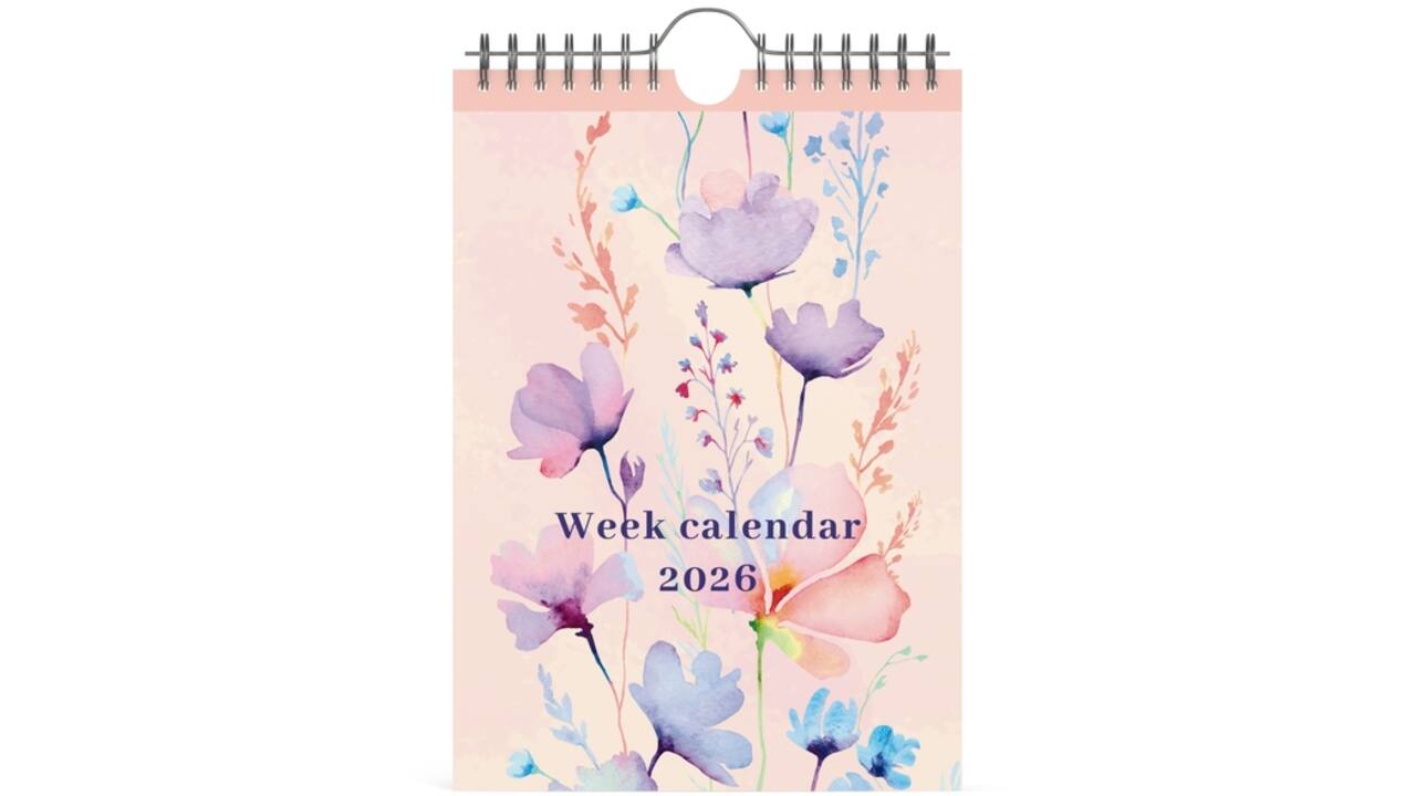 Weekkalender 2026 Lannoo 155x220 Flowers watercolour 7dagen/1pagina roze