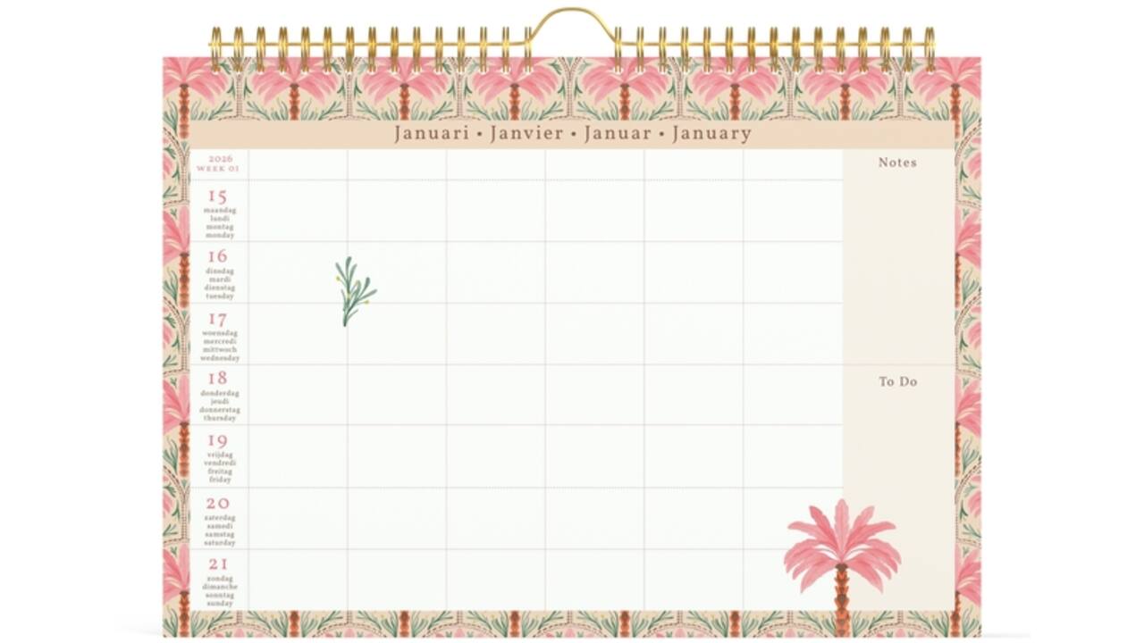 Familiekalender 2026 Lannoo 310x220 Exotic palms 7dagen/1pagina roze