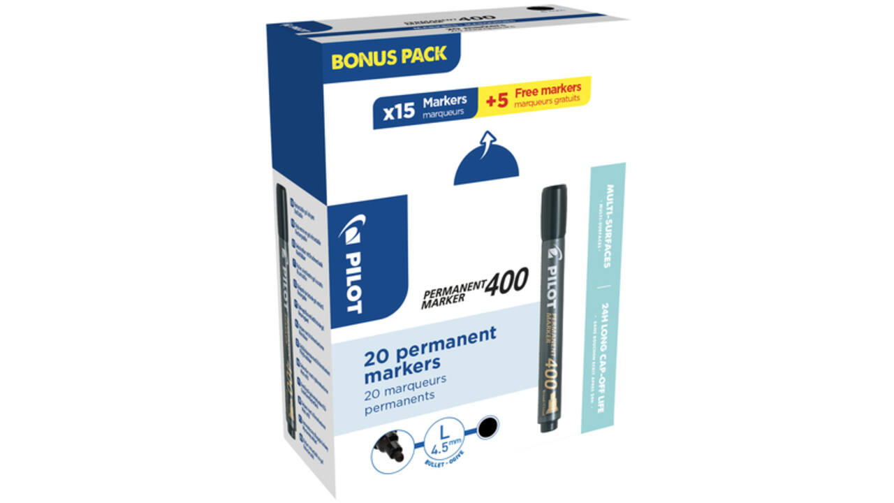Permanent marker PILOT 400 schuin breed zwart 15+5 gratis