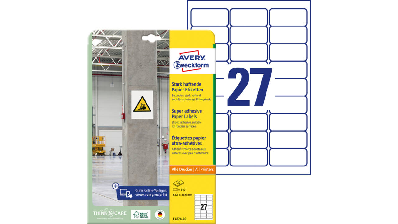 Etiket Avery Zweckform L7874-20 63.5x29.6mm 540 etiketten