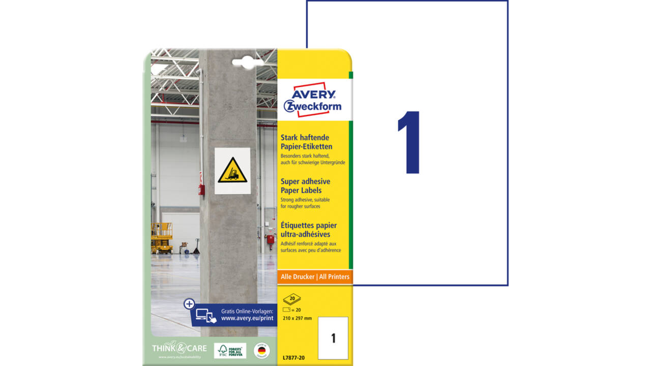 Etiket Avery Zweckform L7877-20 210x297mm 20 etiketten
