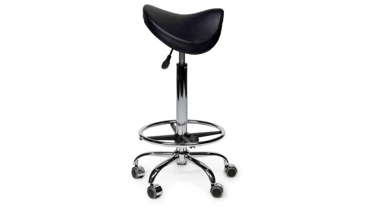 Zadelkruk Office Premium hoog met voetring harde wielen zw
