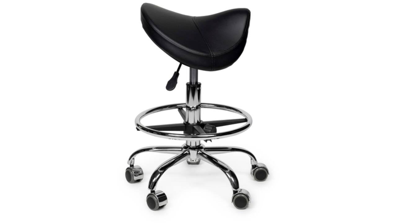 Zadelkruk Office Premium laag met voetring harde wielen zw