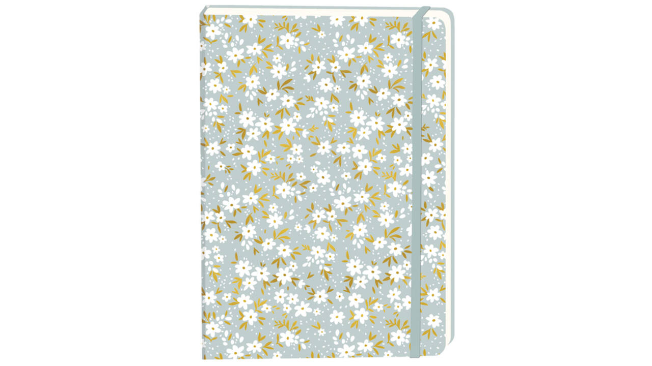 Notitieboek witte bloemen A5 lijn 92 pagina's softcover grijs