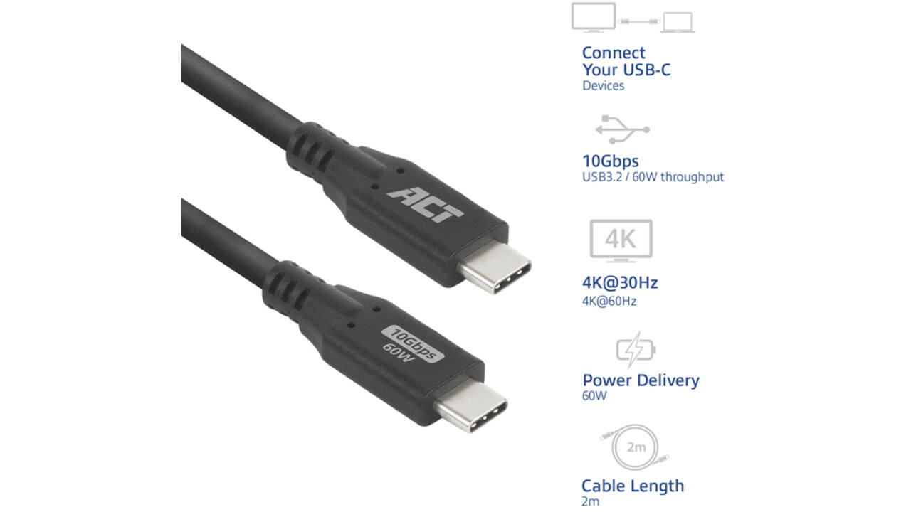 Kabel ACT USB-C 3.2 GEN.2 M/M zwart 2 meter