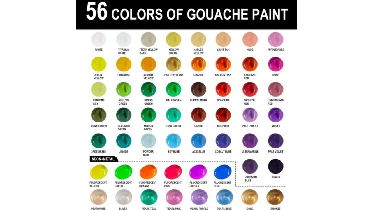 Gouache HIMI 56 kleuren 30gr inclusief neon en matellic opbergbox wit