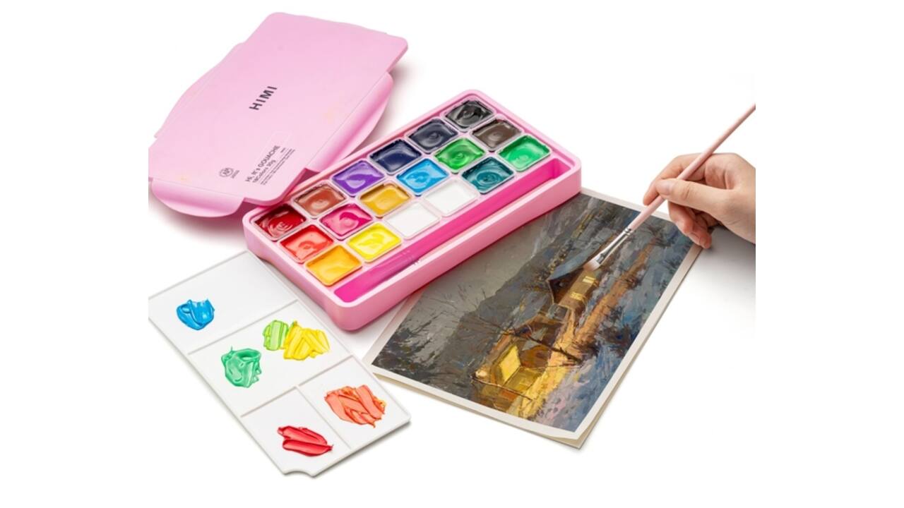 Gouache HIMI 18 kleuren 30gr opbergbox roze
